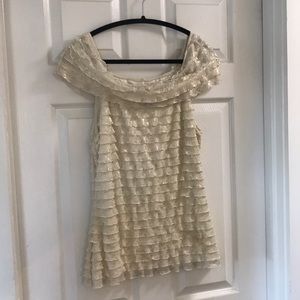 Cream and gold off the shoulder ruffled blouse